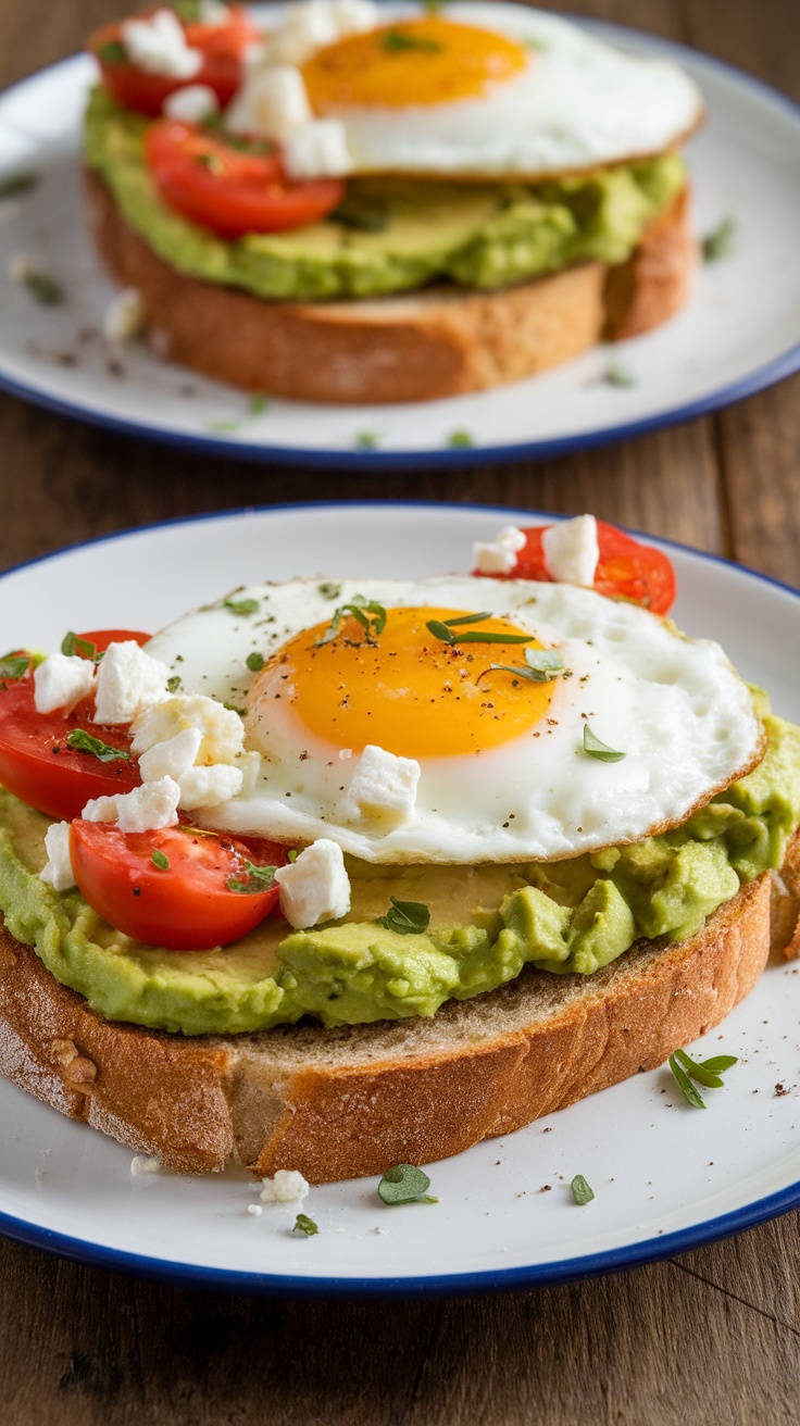 Aesthetic avocado toast topped with cherry tomatoes, feta cheese, and a fried egg on rustic wood.